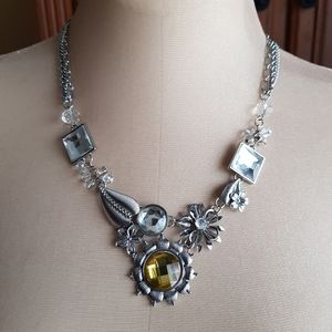 Floral Leaf Statement Necklace Multi Chain Strand 3D Flower Jewel Silver Tone